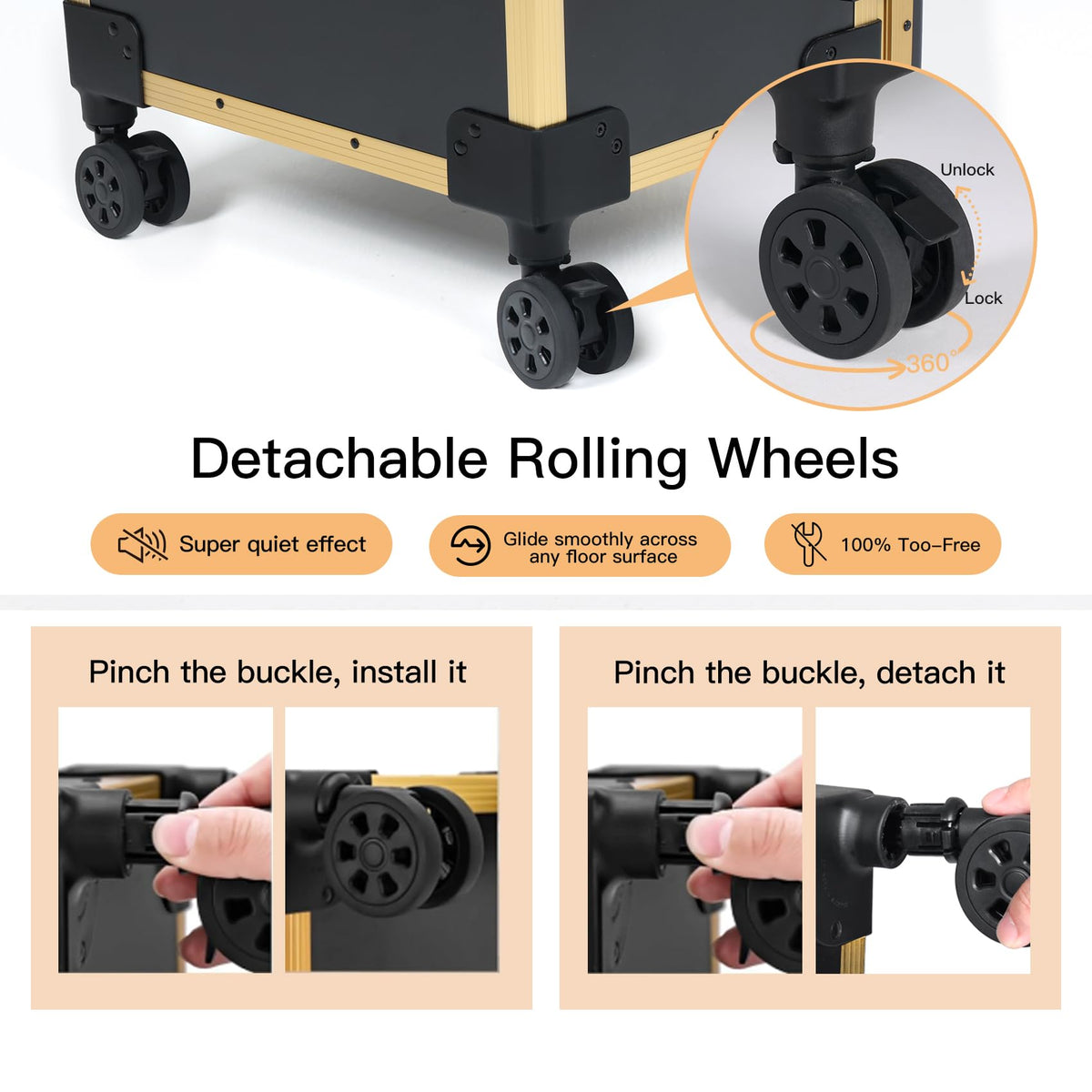 Portable Nail Desk for Nail Tech, Foldable Manicure Table with 3 Drawers & Mirror, Rolling Nail Table with Lockable Train Case, Nail Polish Organizer, Mobile Nail Tech Workstation with Wheels, Golden