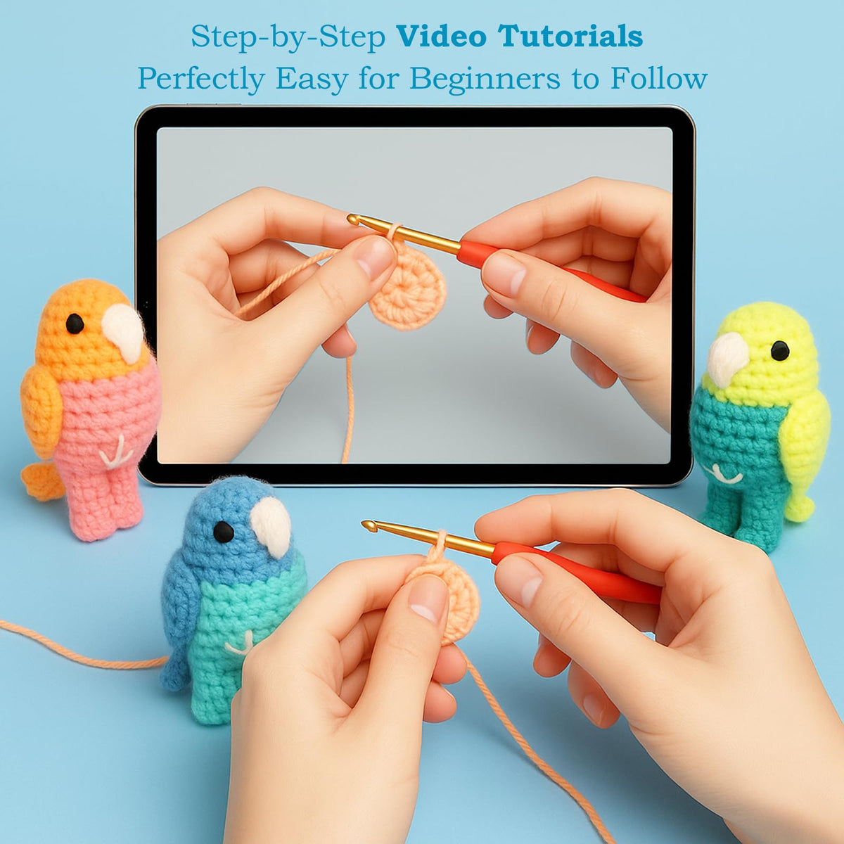 HOUSE CREATIVITY Crochet Kit for Beginners, Make 3 Mini Budgie Birds, Amigurumi Crochet Starter Kit with Step-by-Step Video Tutorial, Yarn, Hook, Eyes & Stuffing, DIY Craft Kit Gift for Adults