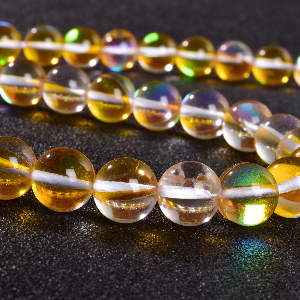 Asingeloo 48PCS 8mm Yellow Angel Aura Round Gemstone Polished Mermaid Aura Moonstone Bead Smooth Stone Loose Beads Crystal Quartz for DIY Jewelry Making 1 Strand 15”