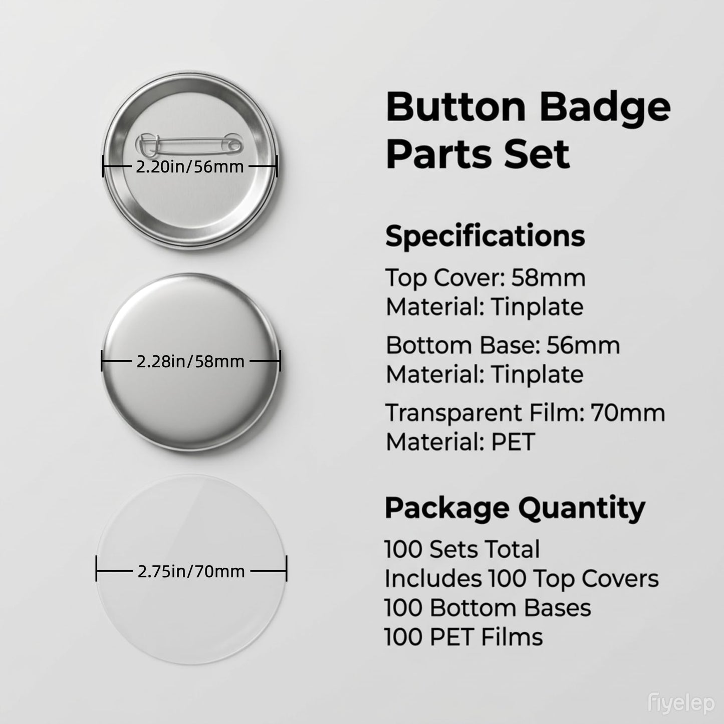 VOXIVEE 1.97in/50mm Button Maker Supplies 300Pcs, DIY Round Badge Parts with Metal Covers Pin Backs Clear Films, Compatible with 58mm Button Making Machine for Crafts