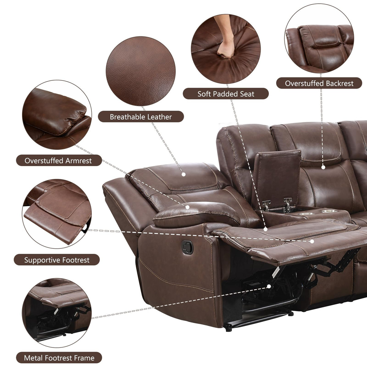 EBELLO Genuine Leather Recliner Sectional Sofa Set, Manual Reclining Corner Couches with Storage Console and Hidden Cup Holders, Extra Wide Footrest for House/Living Room, Brown