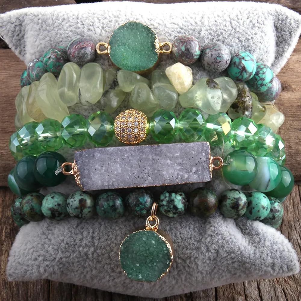 Yomisa 5PCS Natural Boho Beaded Bracelets for Women Men,Healing Turquoise Jasper Agate Crystal Gemstone Stone Diamond Chakra Multilayer Wrap Bohemian Handmade Jewelry Beads Stretch Bracelet Set