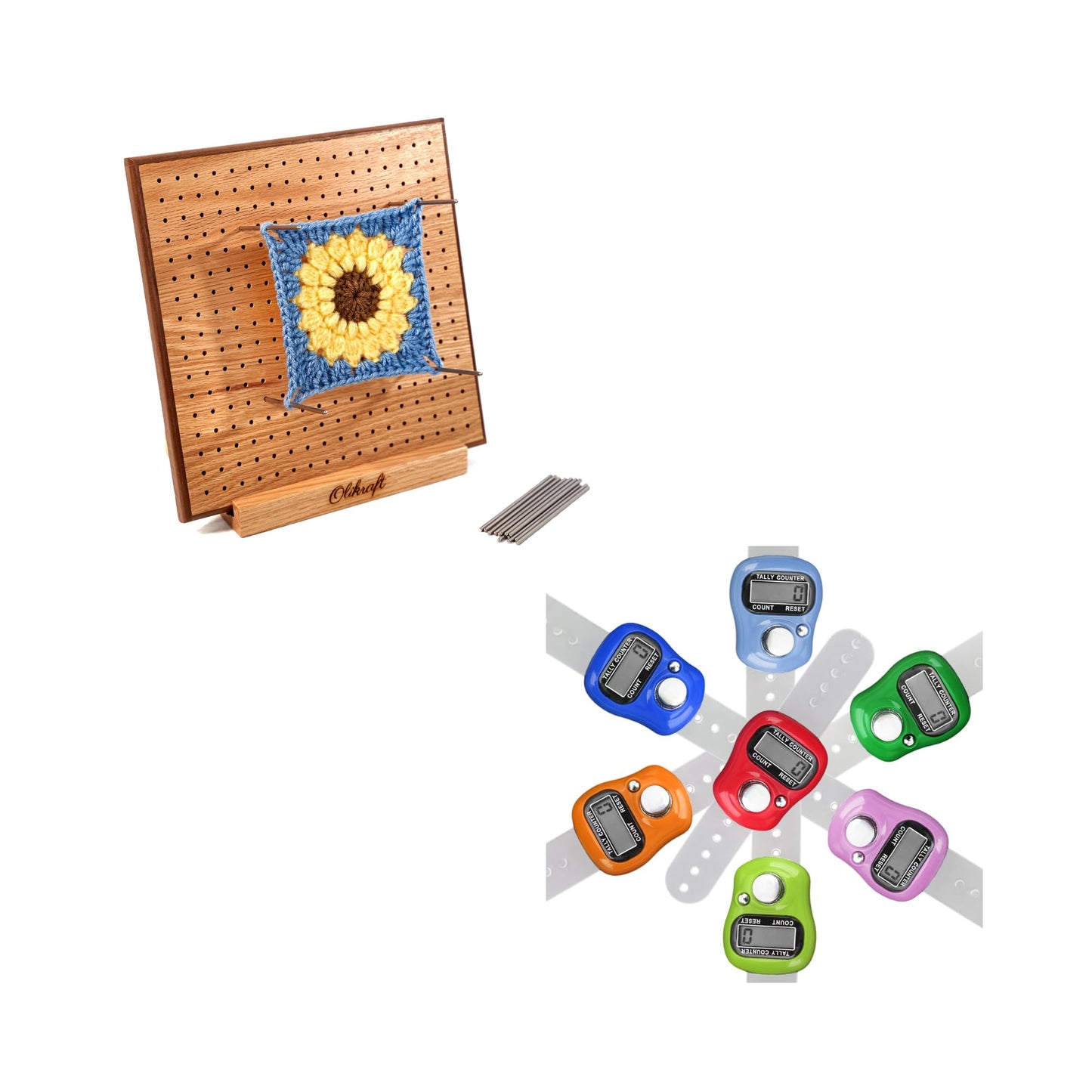 Olikraft 8-Inch Crochet Blocking Board with 50 Pins and 7-Pack Digital Row Counters - Red Oak Wood Blocking Tool and Compact Stitch Tracking Accessories