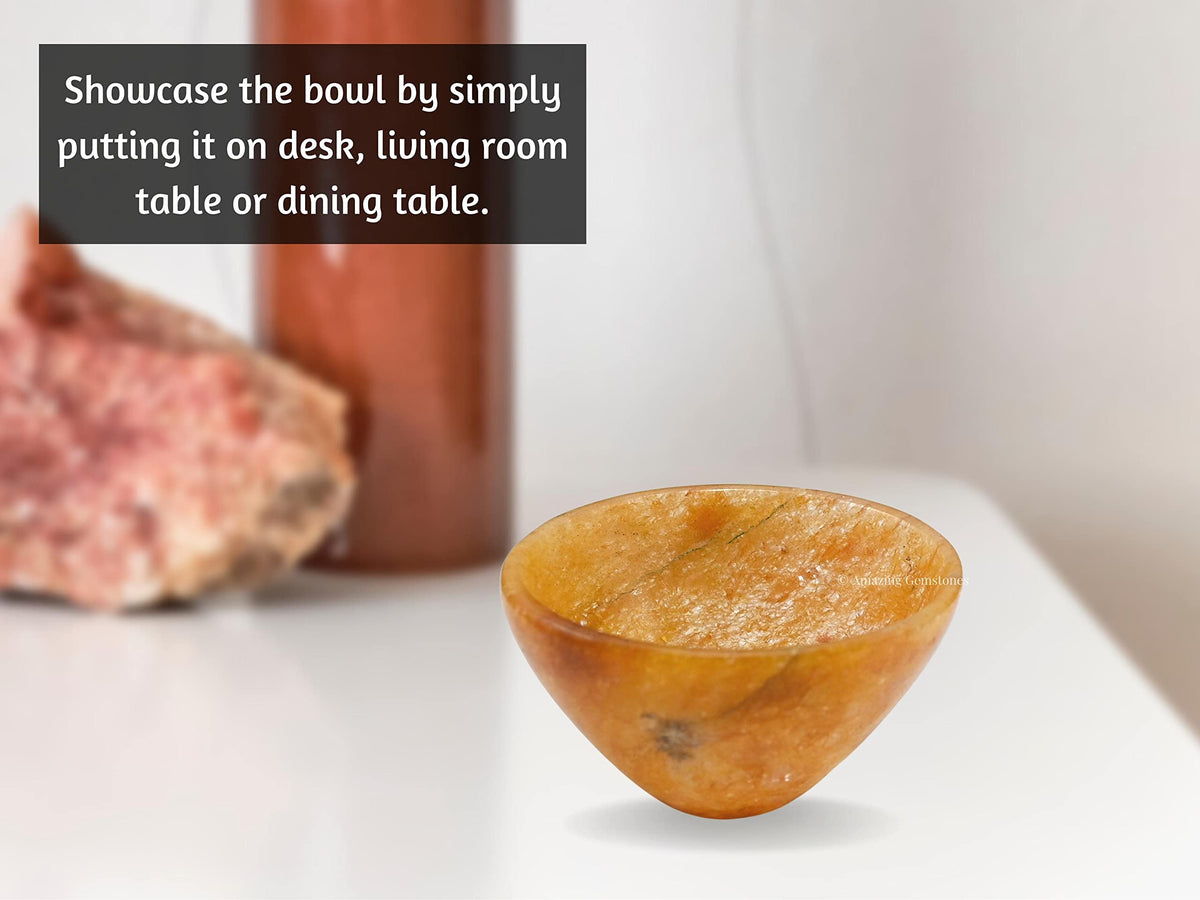 Golden Quartz Crystal Bowl - 2 Inch Decorative Bowls for Room and Home Decor - Gemstone Healing Crystals for Elegant Display, Positive Energy Balance and Gift