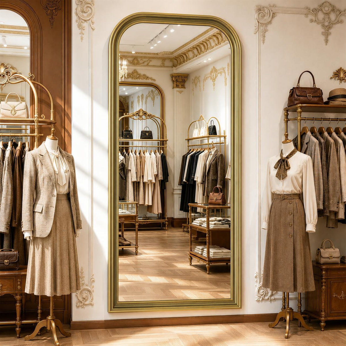 FlyEcho Full Length Mirror with Stand, 71"x32" Full Body Mirror, Floor Length Mirrors Wall Mounted with Rounded Top, Large Standing Mirrors, PU Frame, for Bedroom Living Room Cloakroom, Antique Gold