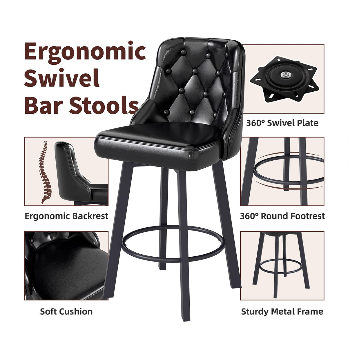 Youhauchair Bar Stools Set of 3, 26" Tufted Modern Counter Height Barstools with Back & Footrest & Metal Leg, Faux Leather Upholstered Bar Chair for Kitchen Island, Dining Room, Pub, Cafe, Black