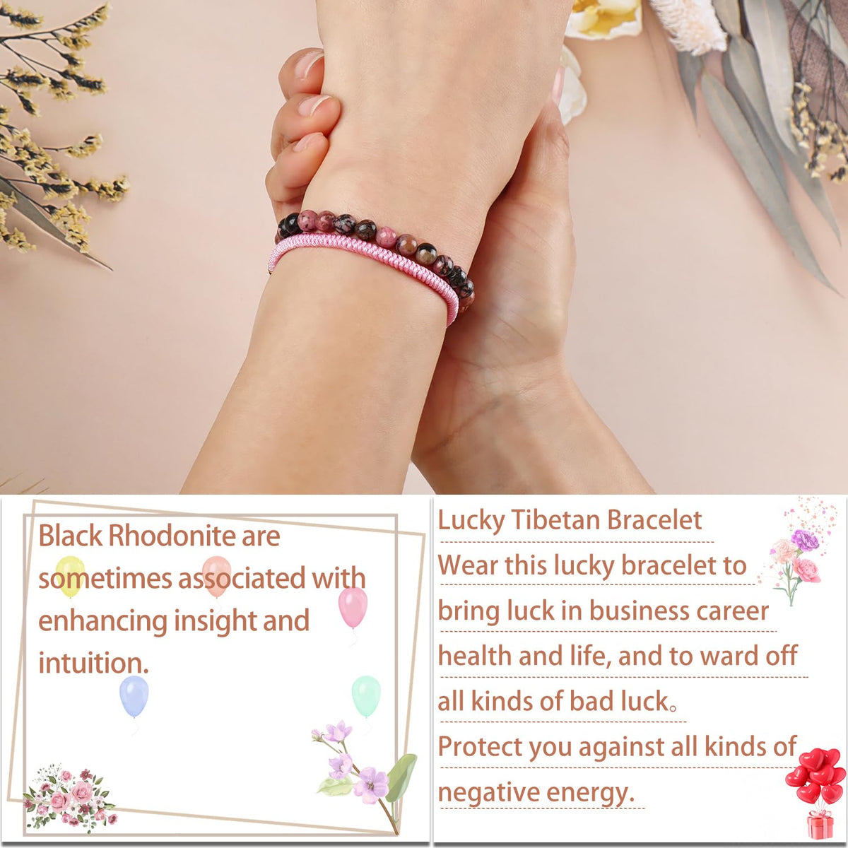 LPBeads 6mm Pink Black Rhodonite Bracelet with Handmade Rope Bracelet Size Adjustable Natural Stone Crystal Healing Bracelets Gifts for Unisex Adults