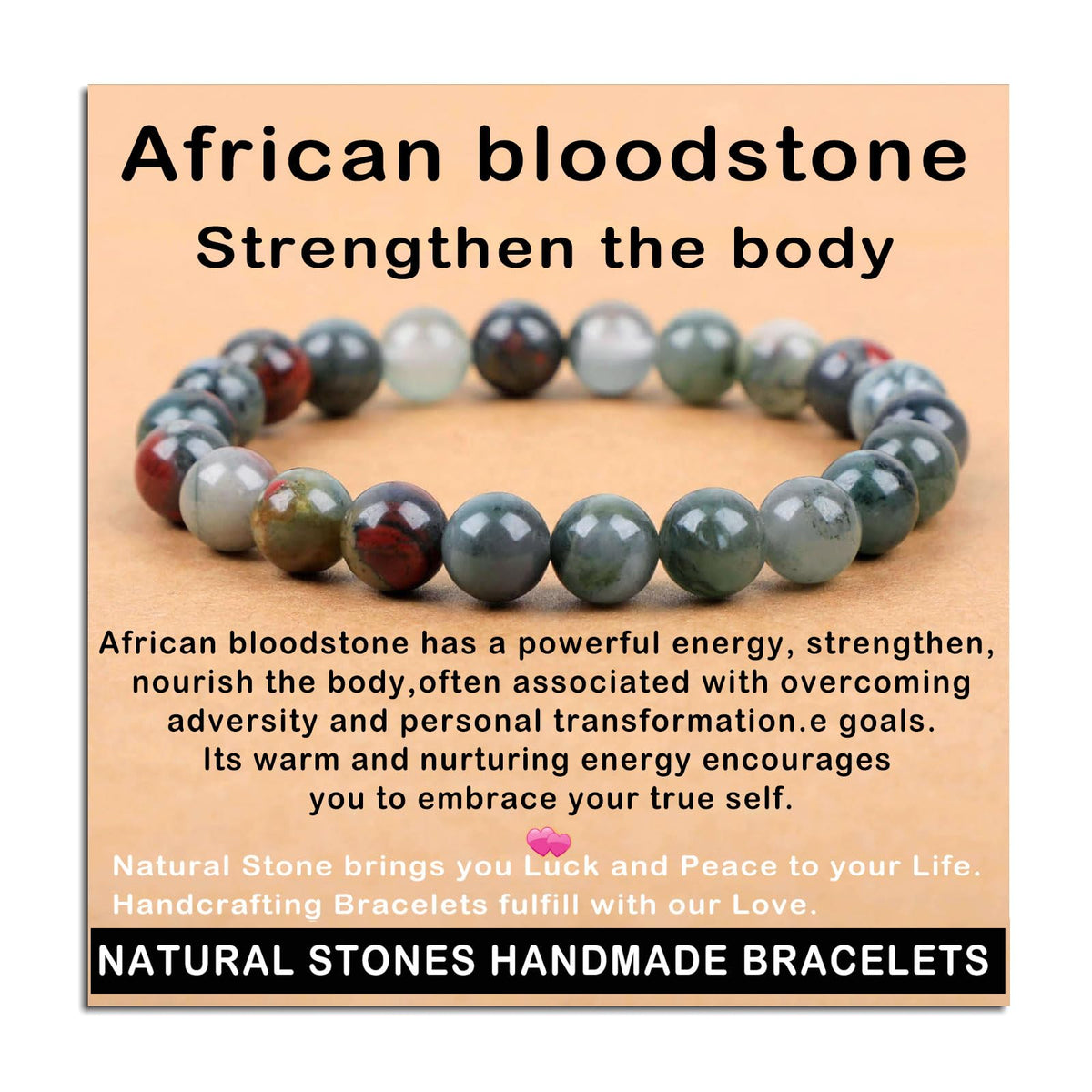 AD Beads Handmade Gemstone Stretch Elastic Bracelet Crystal Healing Reiki Nature's Beauty and Spiritual Essence Unisex (8mm, African Bloodstone (Strengthen the Body))