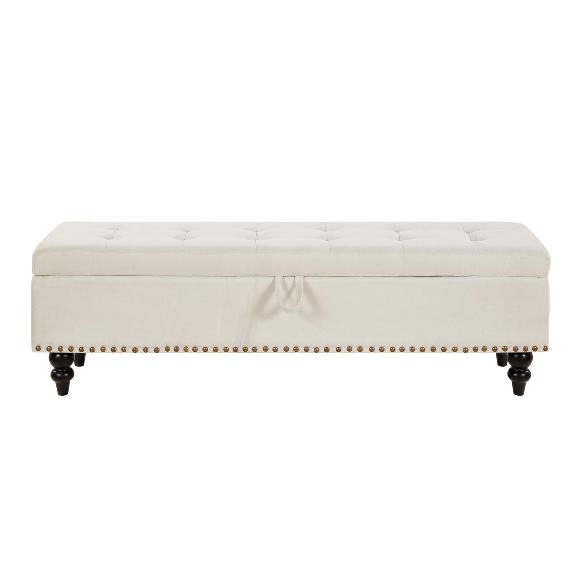 GDFStudio 59" Mid-Century Modern Rectangle Storage Ottoman Bench, Button Tufted Lift-Top Linen Ottoman Foot Rest with Solid Legs and Nailhead Trim, Upholstered Oversized Pouf for Living Room, Beige