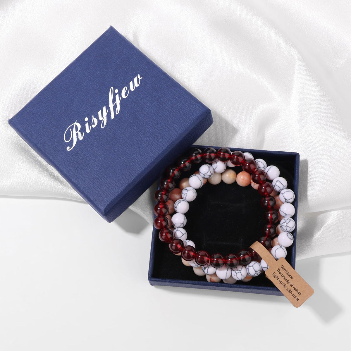 Risyfjew 3 PCS Garnet Healing Crystal Bracelets Women 8mm Natural Stone Beaded Stretch Bracelet Crystal Gifts for Women