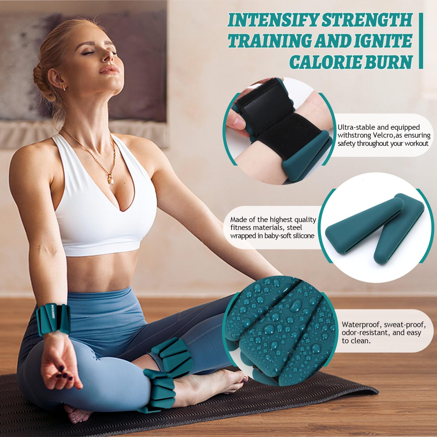 BECOJADDE Ankle Weights Set of 2 (1 lb Each) Adjustable Wrist Weights for Women Men Wearable Arm Leg Weight for Pilates, Running, Walking, Workout, Yoga, Deep Emerald