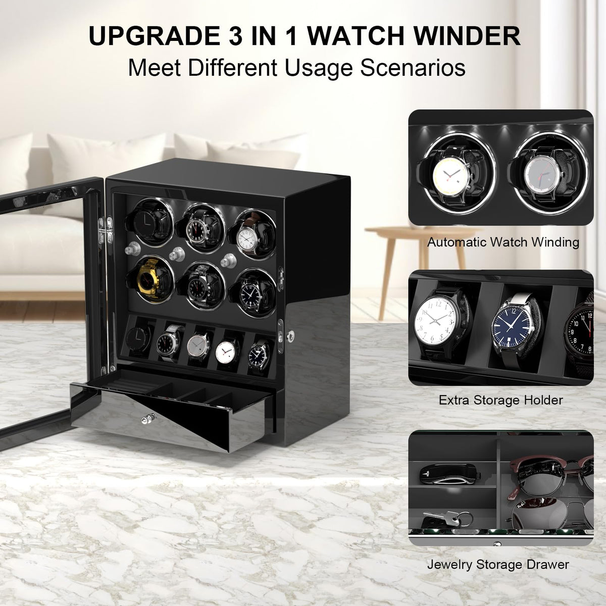 DUKWIN Watch Winder for 6 Automatic Watches,Lockable Watch Winders with Watch and Jewelry Storages, Super Quiet Mabuchi Motor with High-Gloss Piano Lacquer Finish,Built-in Illumination-Black