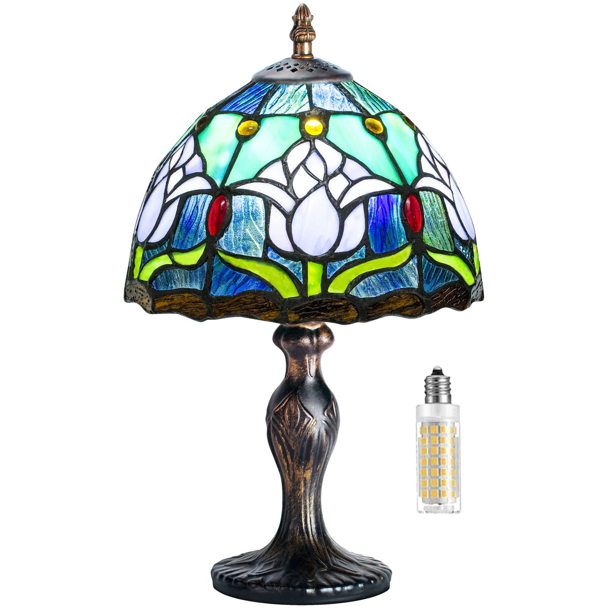 MIAOKE Stained Glass Table Lamp,Stained Glass Crystal Bead Style Table Light, Handmade Desk Bedside Night Light, Antique Art Craft Gifts Lover Living Room Bedroom Bookcase(Blue Tulips)