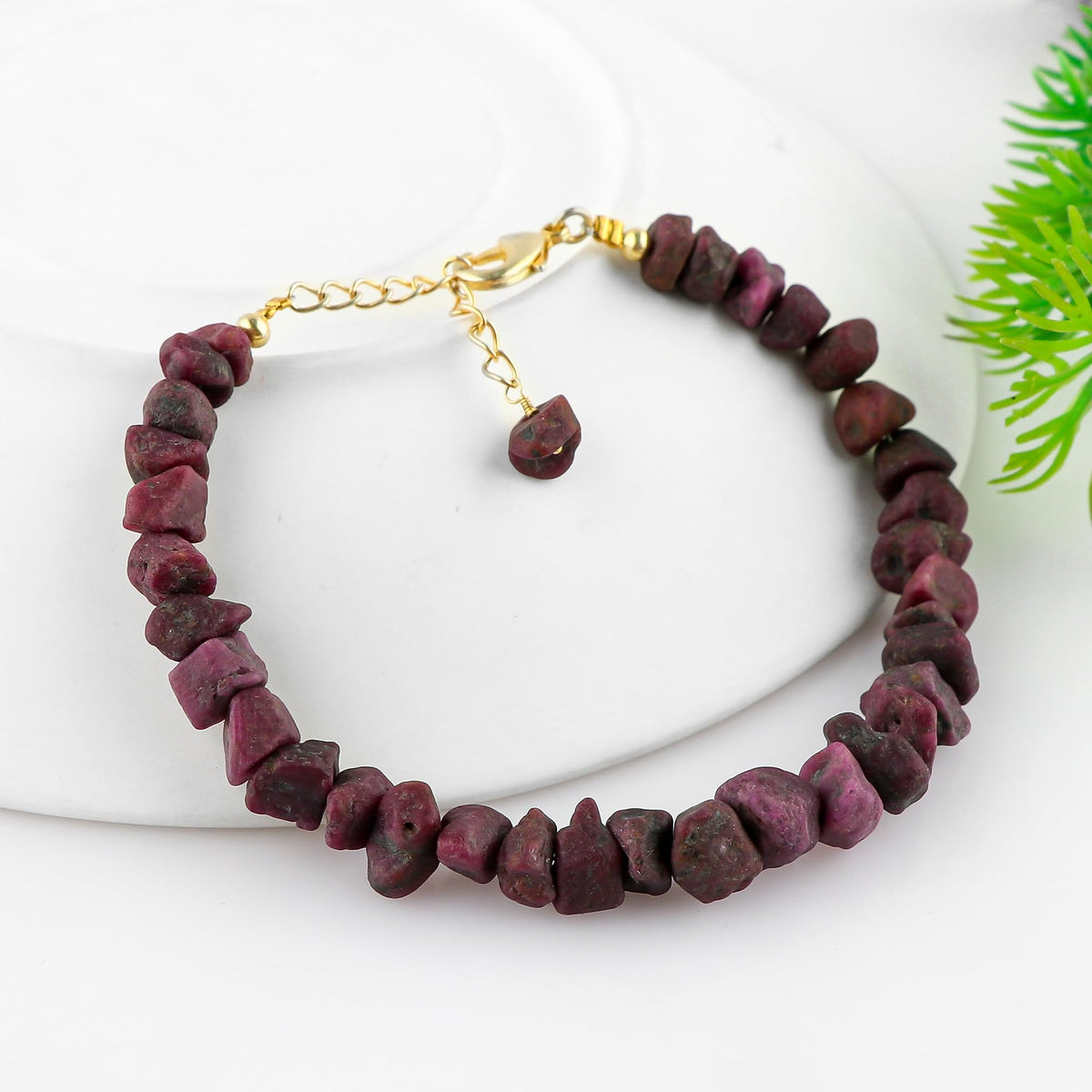 CRYSTALINES Natural Raw Ruby Gemstone Dainty Bracelet, 14K Gold Plated, Rough Stones, Handmade Hypoallergenic Jewelry, Healing Crystals, July Birthstone, Gift for Women, 7+1inch