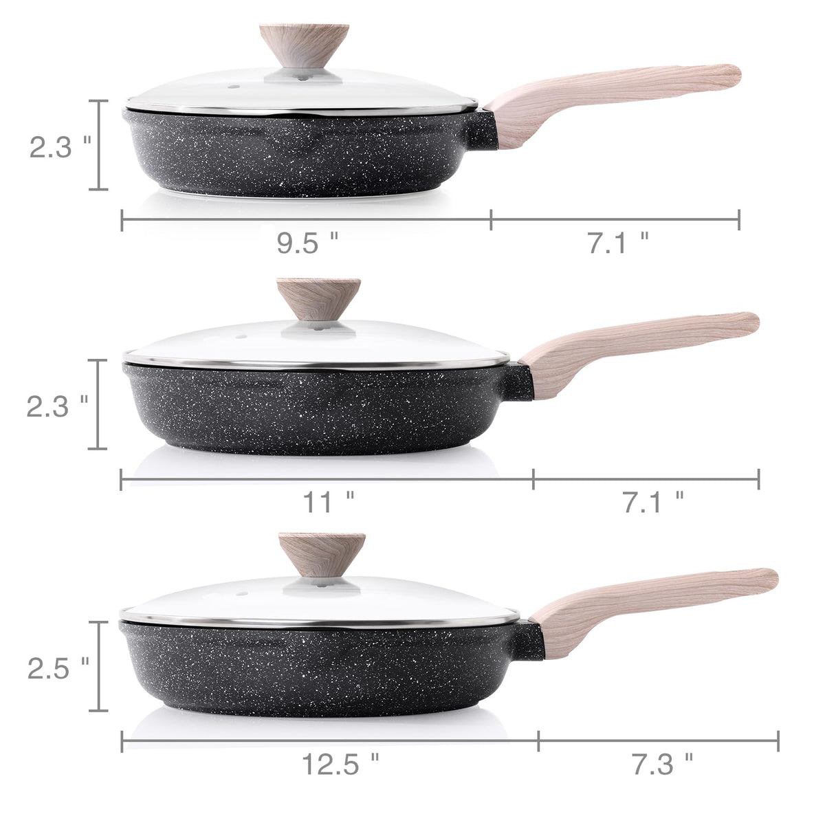 Kordisen Nonstick Frying Pan Set with Lids, 3 Piece Skillet Set, Healthy Induction Cookware Cooking Pan, Stay-Cool Handle, Compatible with All Stovetops, PFOA Free (9.5, 11, 12.5 Inch)