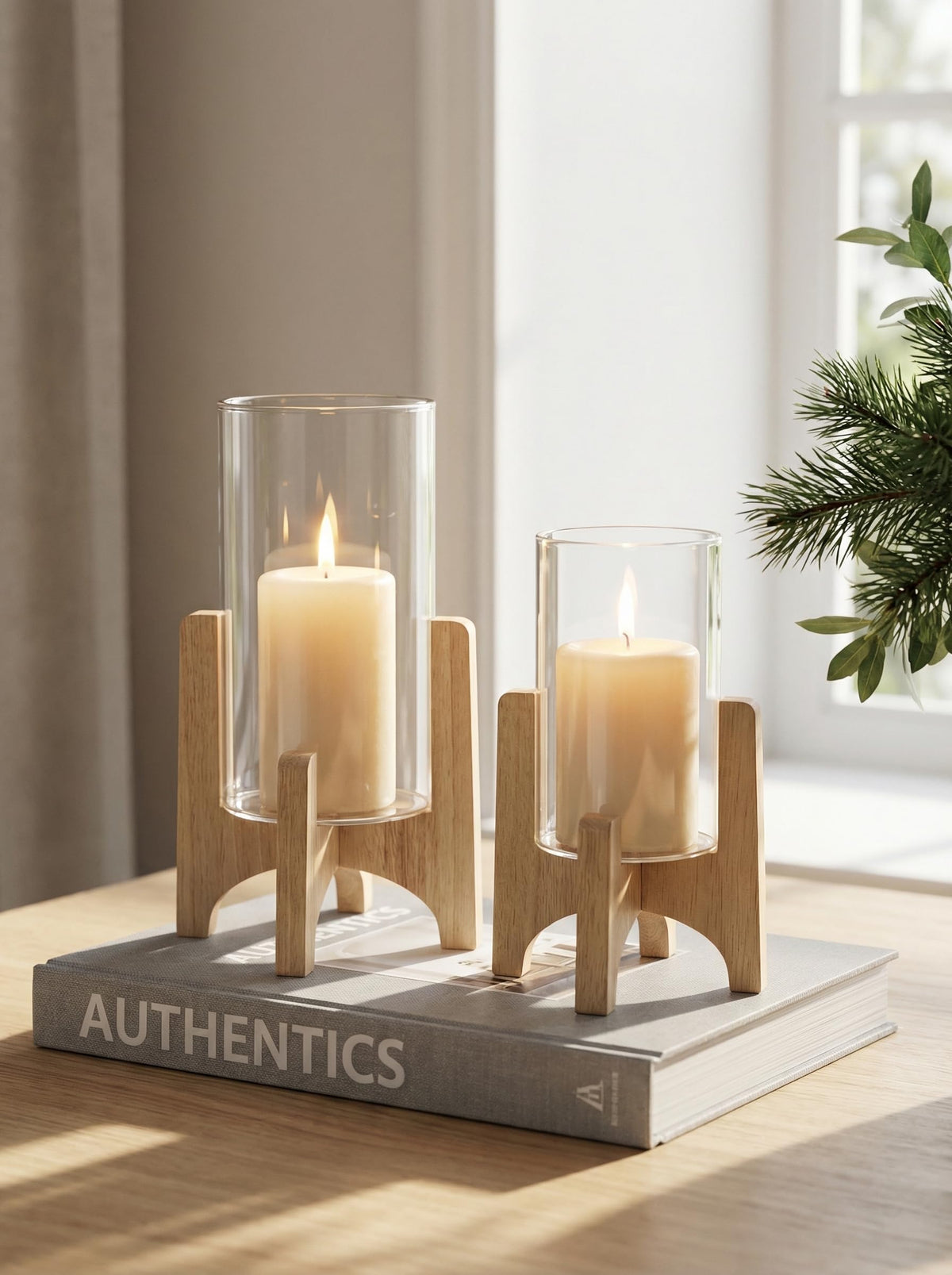 NUPTIO Hurricane Glass Candle Holders: Set of 2 Pillar Candle Holders with Wooden Stands - Mid Century Organic Modern Vases for Dining Table Centerpieces Decor
