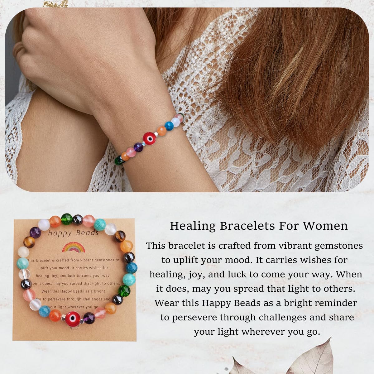 DLYFNVEV Evil Eye Bracelet Protection Healing Crystal Beaded Colorful Bead Rainbow Good Luck Natural Stone Boho Bohemian Jewelry Gifts