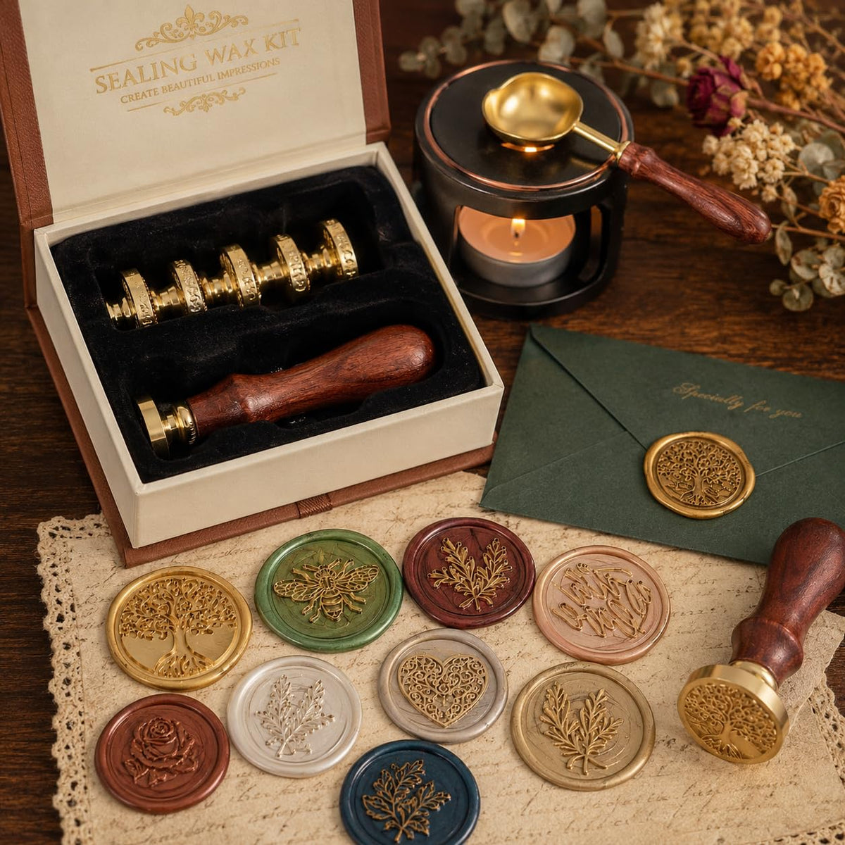 SWANGSA Wax Seal Stamp Set, Vintage 6 Pieces Sealing Wax Stamp Heads and 1 Wooden Handle for Weeding Invitations, Letters, Envelopes, Christmas (Tree of Life Set)