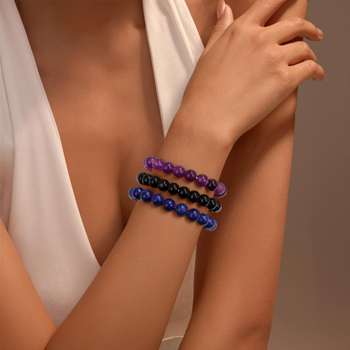 Vinswet Healing Crystal Bracelets for Women Men 8mm Amethyst Lapis Lazuli Black Obsidian Natural Stone Beaded Stretch Bracelet Handmade Gemstone Stress Relief Reiki Spiritual Jewelry Gifts