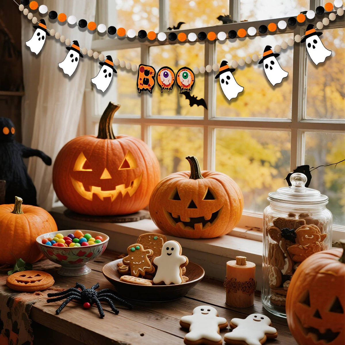 Felt Halloween Garland, 7.5Ft Boo Ghost Garland with Wooden Beads for Halloween Decorations, 2Pcs Cute Indoor Banner for Mantle Fireplace Indoor Home Party Decor