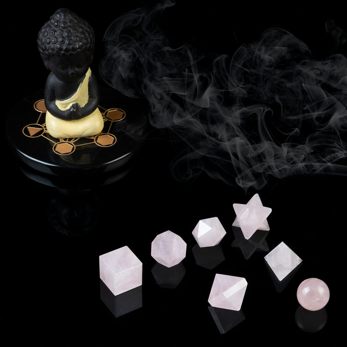 Crocon Rose Quartz 7Pcs Platonic Solids Crystal Geometry Set, Platonic Solids Sacred Geometric Stones for Meditation Reiki Balancing Healing Chakra Stone Cleansing Spiritual Good Luck (15-20mm)
