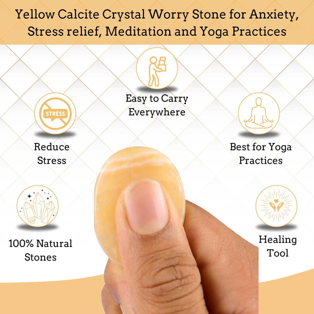 Anaya Agate Yellow Calcite Worry Stones Certified Crystal Thumb Worry Stone for Anguish, Relaxing and Soothing Balance Stones for Meditation, Stress Relief Crystals and Healing Stones for Men, Women