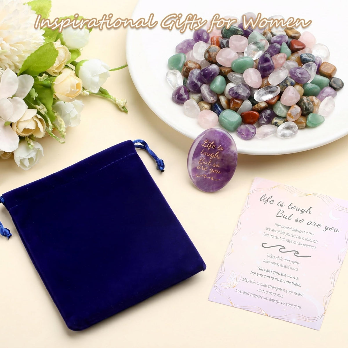 NUKAYAI Inspirational Gifts Worry Stone Amethyst Crystal Crystals and Healing Stones Oval Natural Meditation Accessories Gemstones Trinkets Pocket Stress Relief Anxiety Relief Items Gifts for Women