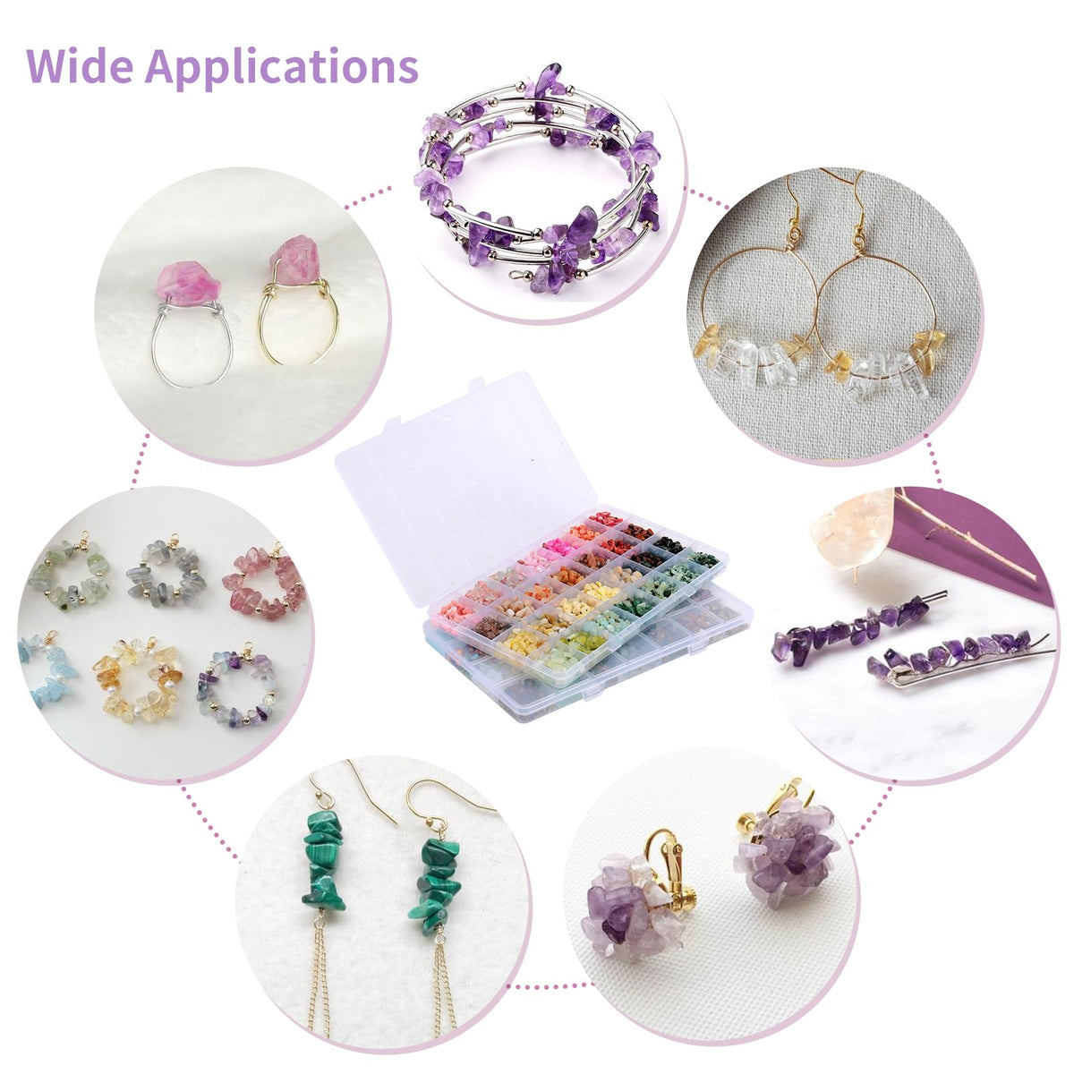 QUEFE 1800pcs 56 Colors Crystal Beads, Ring Making Kit, Gemstone Chip Beads Irregular Natural Stone with Jewelry Making Supplies for DIY Craft Bracelet Necklace Earrings, Craft Gifts