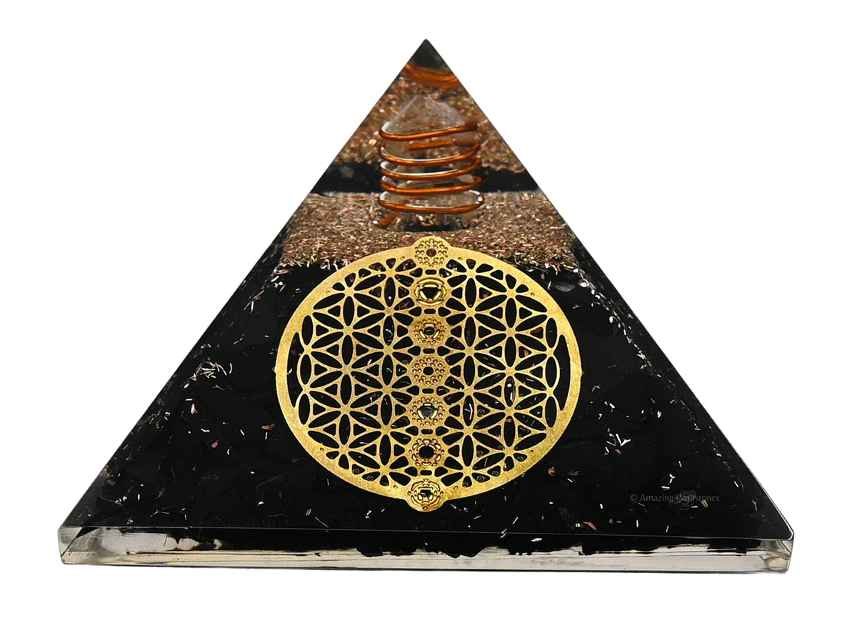 Amazing Gemstone Large Black Tourmaline Orgone Pyramid Crystal, Chakra Flower of Life Orgonite Pyramid - Positive Energy Healing