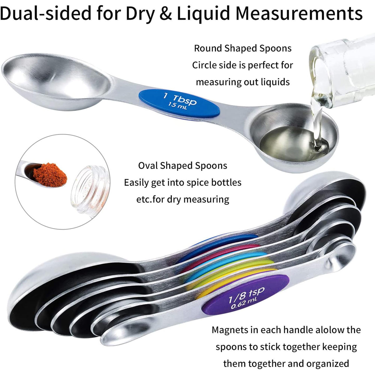 TILUCK measuring cups and magnetic measuring spoons set, stainless steel measuring cups, 6 double-sided stainless steel measuring spoons & 1 leveler (12)