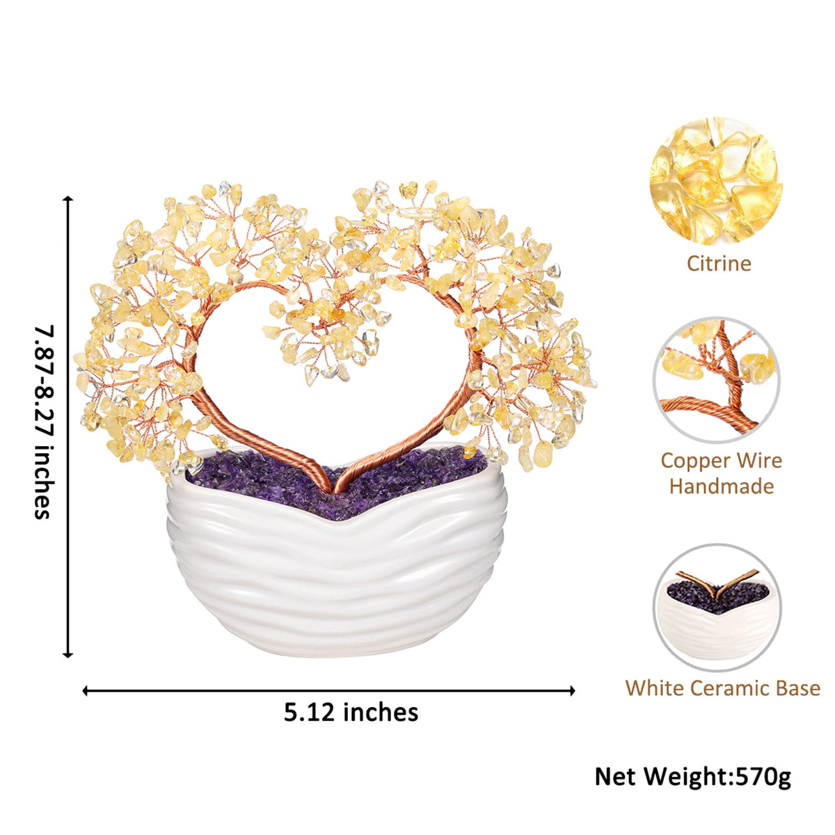 GEHECRST Citrine Crystal Heart Tree Handmade Healing Crystal Gemstone Money Trees Stone Bonsai Tree Energy Feng Shui Ornament for Home Office Desk Decor Crystals Gift for Mom Mothers Day Women