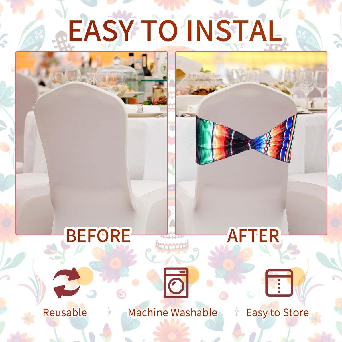 Newwiee 24 Pcs Stretch Chair Sashes Bands Without Buckle Mexican Decorations Elastic Bows for Folding Chair Ties for Wedding Cinco De Mayo Event Fiesta Party Birthday Banquet