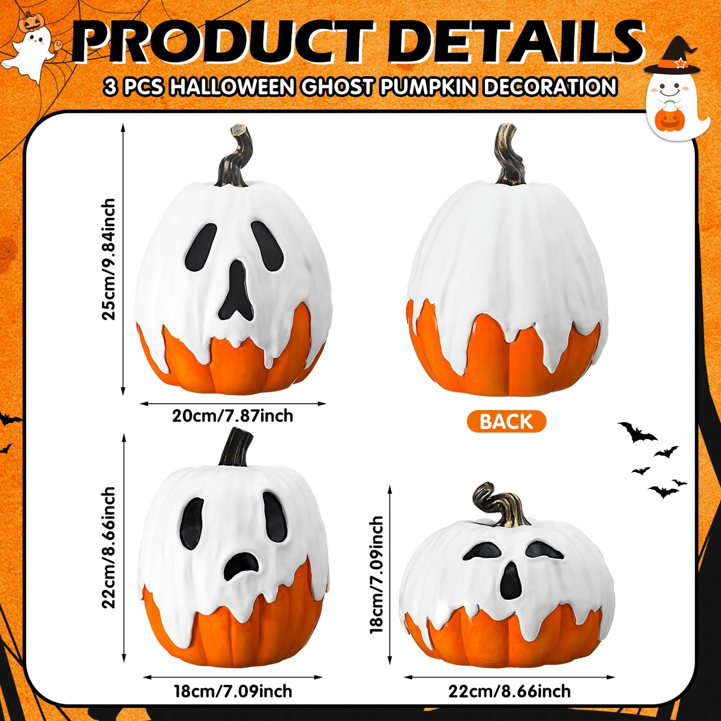 Colingmill 3 PCS Halloween Ghost Pumpkin Decoration - 9.8" 8.7" 7.1" Large Resin Jack O Lantern Ghost Pumpkin Spooky Figurine Set for 2025 Fall Statue Decoration Indoor Outdoor