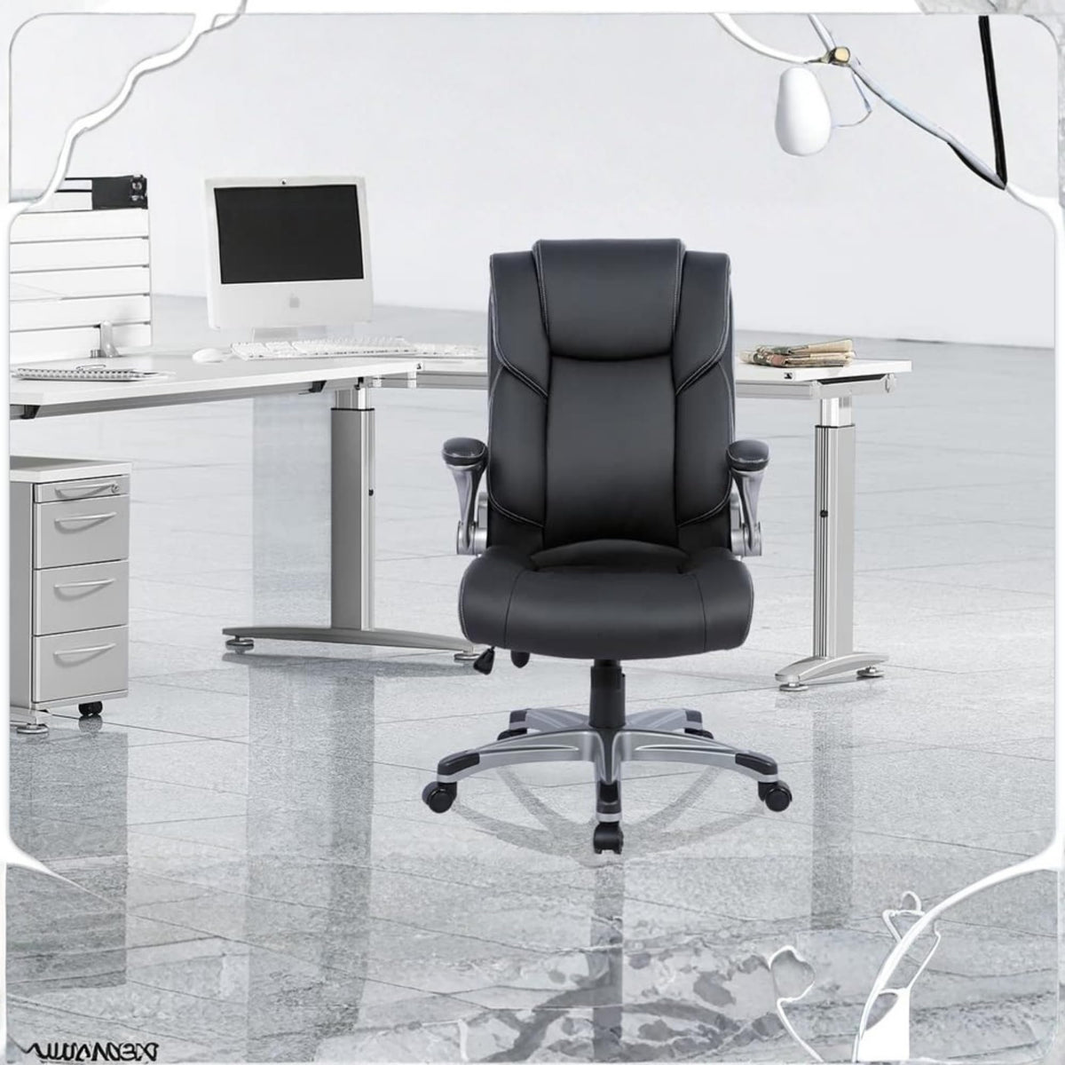 COLAMY Leather Executive Office Chair- High Back Home Computer Desk Chair with Padded Flip-up Arms, Adjustable Tilt Lock, Swivel Rolling Ergonomic Chair for Adult Working Study-Black, Set of 2