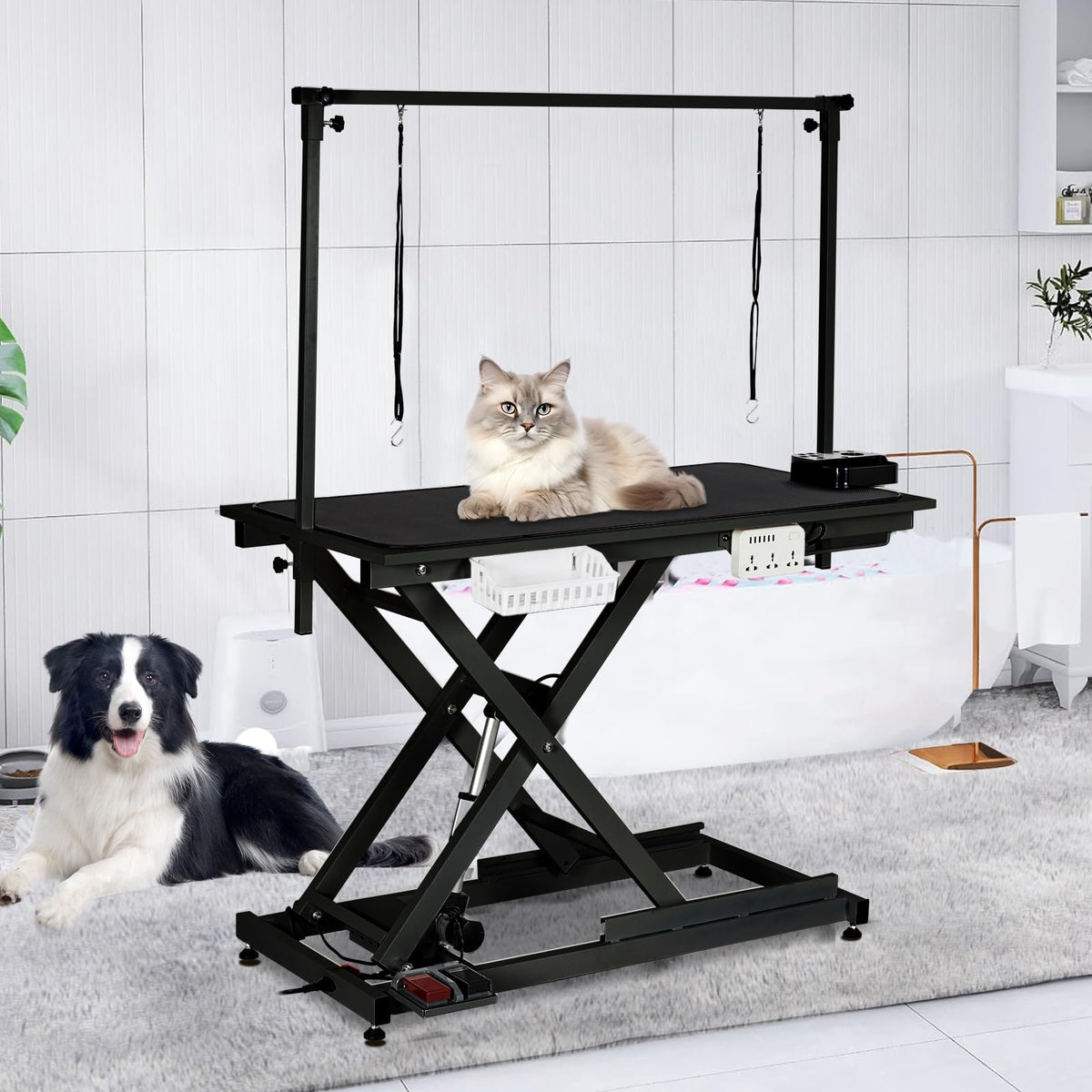 50 in Dog Grooming Table, Electric Hydraulic Grooming Table with Aluminium Overhead Arm, Anti Slip Tabletop, 6 USB Ports for Large Dogs At Home and Salon, Maximum Capacity Up to 300 LB, Black