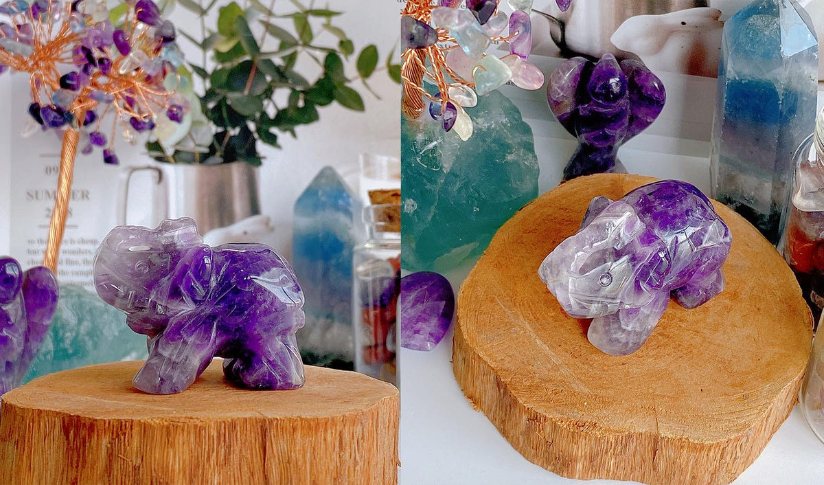 QINJIEJIE Amethyst Elephant Decor Statue Crystals Healing Stones Crystal Pocket Figurines Cute Stocking Stuffers Sculpture Gemstones Spiritual Home Office Desk Purple Decor Elephant Gifts for Women