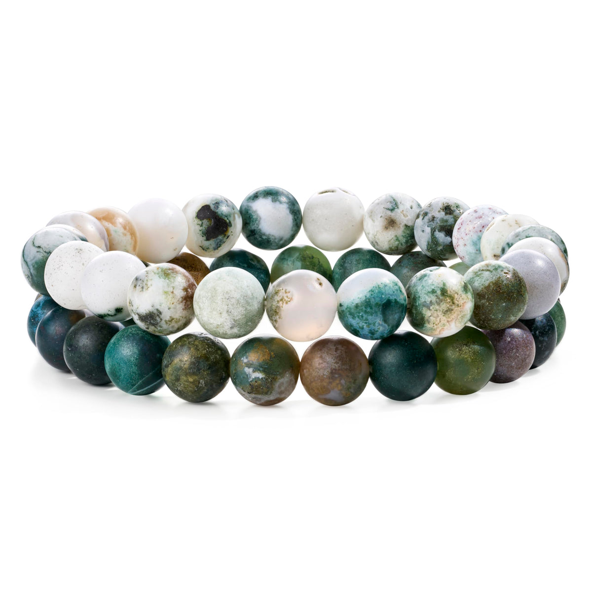 Bivei Natural Gemstone Semi Precious Crystals Handmade Stretchy Round Beads Bracelet, Enhance Positive Energy,Stocking Stuffers for Women(Tree Agate & India Agate(Strength & Harmony) Medium)