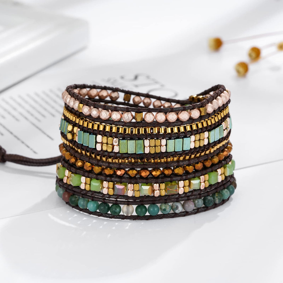 Plumiss Boho Handmade Green Stylish Natural Stone Crystal Hematite Stainless Steel Chain Mixed 5 Wrap Bracelet for Women Men