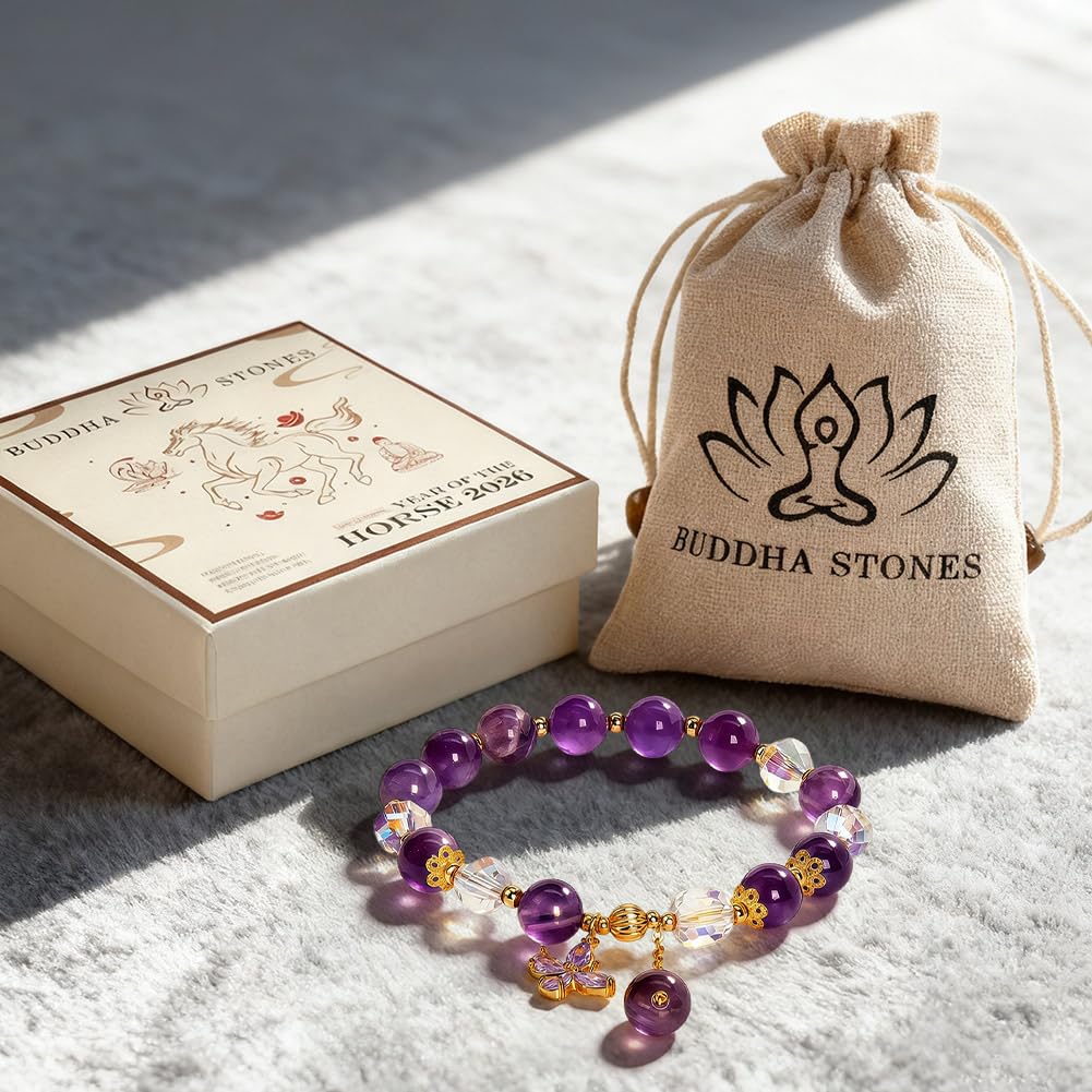 Buddha Stones Amethyst & Butterfly Charm Elastic Bracelet for Women, Handmade Stretch Anxiety Amethyst Crystal Beaded Bracelet, Natural Gemstone Bracelet Jewelry Gift For Mother's Day, Includes Gift Box -8MM