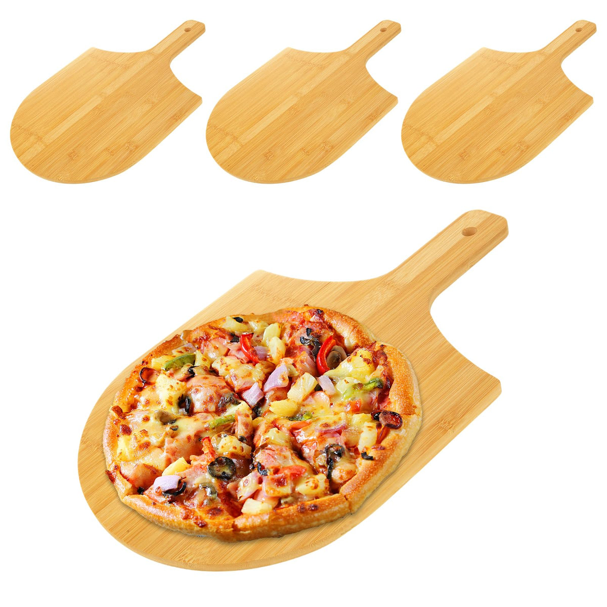 MUXHEL 4 Pcs Bamboo Pizza Peel 12 Inch, Wood Pizza Paddle 12 Inch, Pizza Cutting Board with Handle for Making Pizza