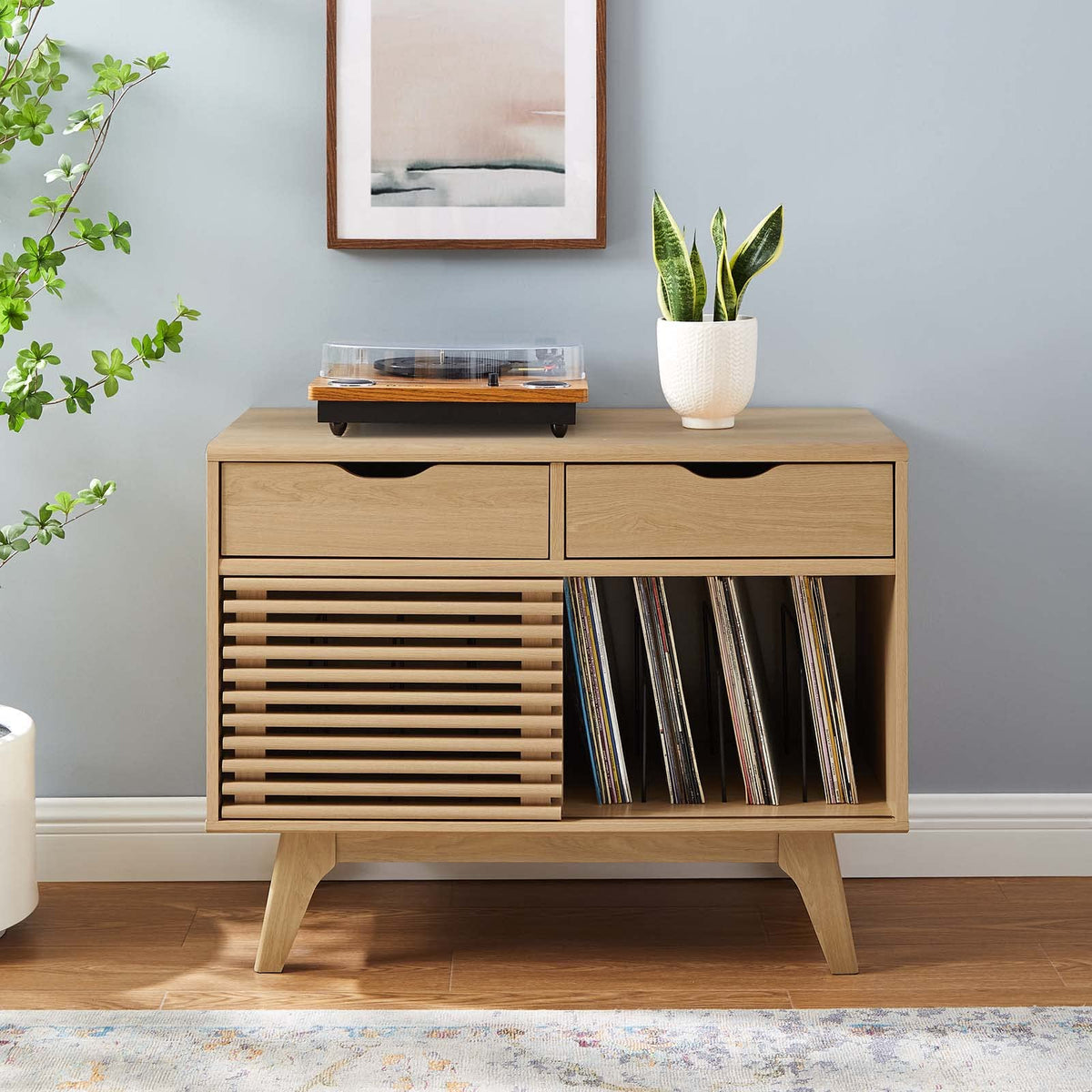 Modway Render Mid-Century Modern 37" Vinyl Record Display Stand with Drawers in Oak
