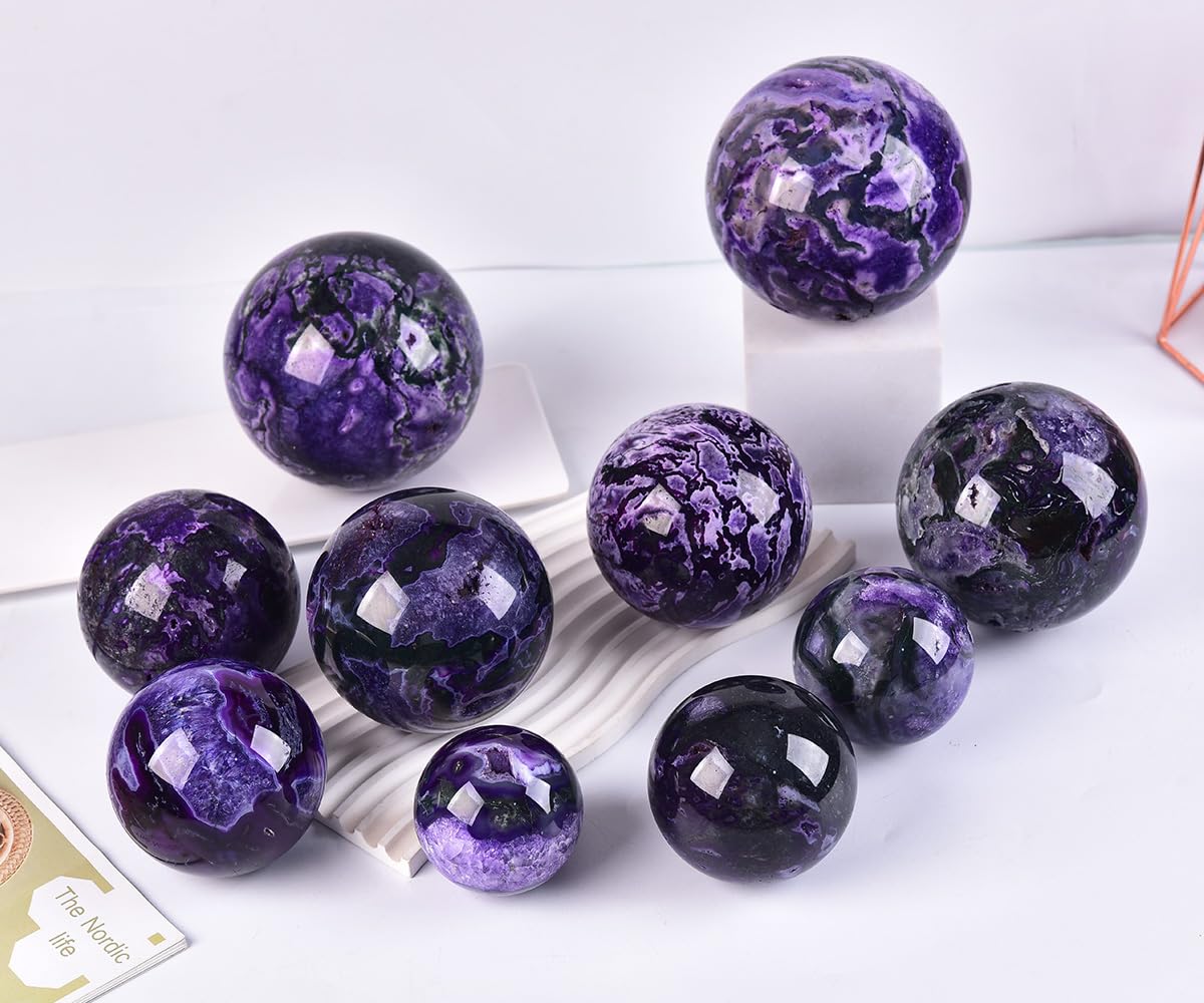JIC Gem Purple Moss Agate Crystal Sphere Large Quartz Crystal Ball with Stand Healing Ornament Witchcraft Meditation Decor 3.5-4 inch(90-100mm)
