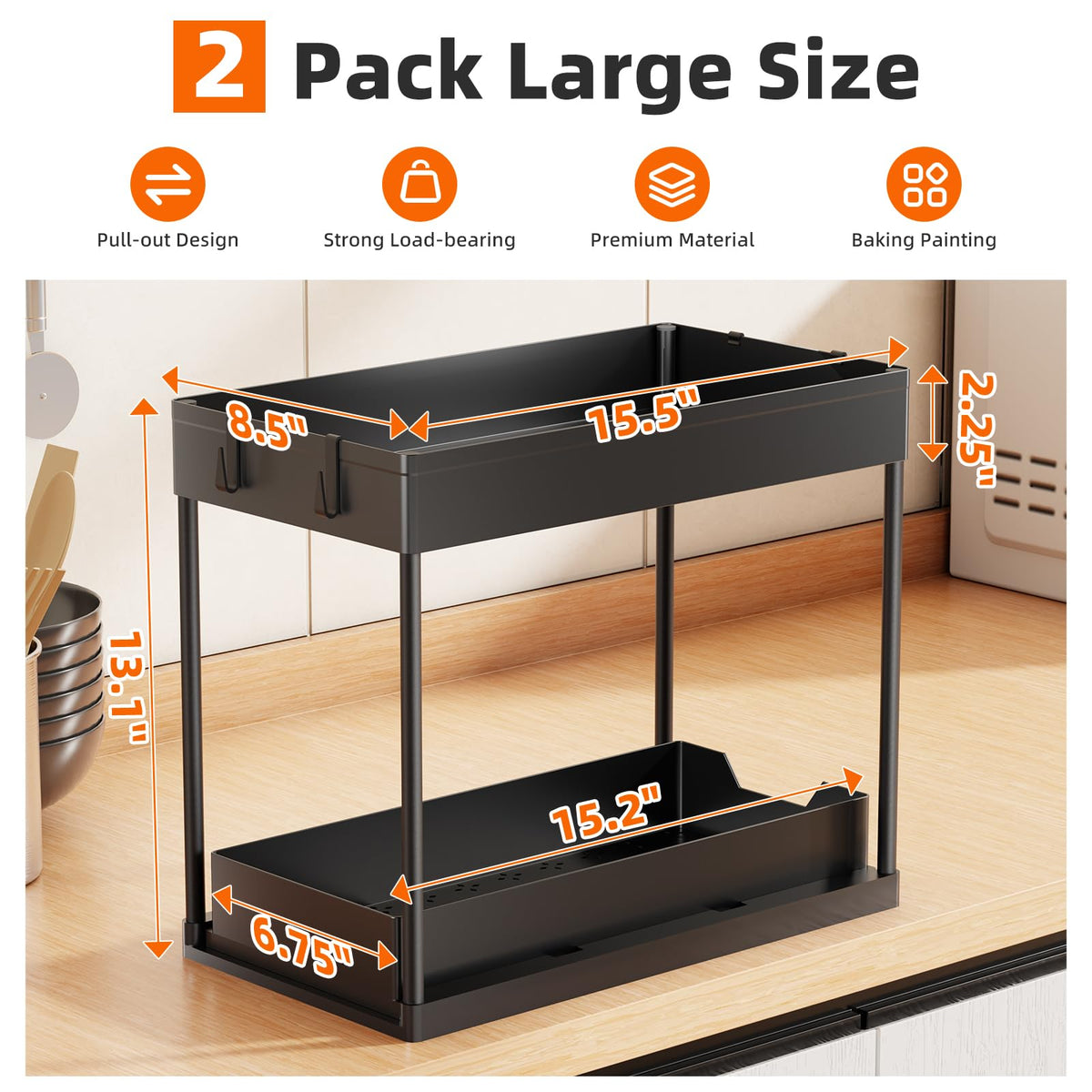 Simple Trending Under Sink Organizer 2 Pack, Sink Pull-Out Sliding Storage Cabinet, 2-Tier Under Shelf Organizer for Kitchen Bathroom, Black