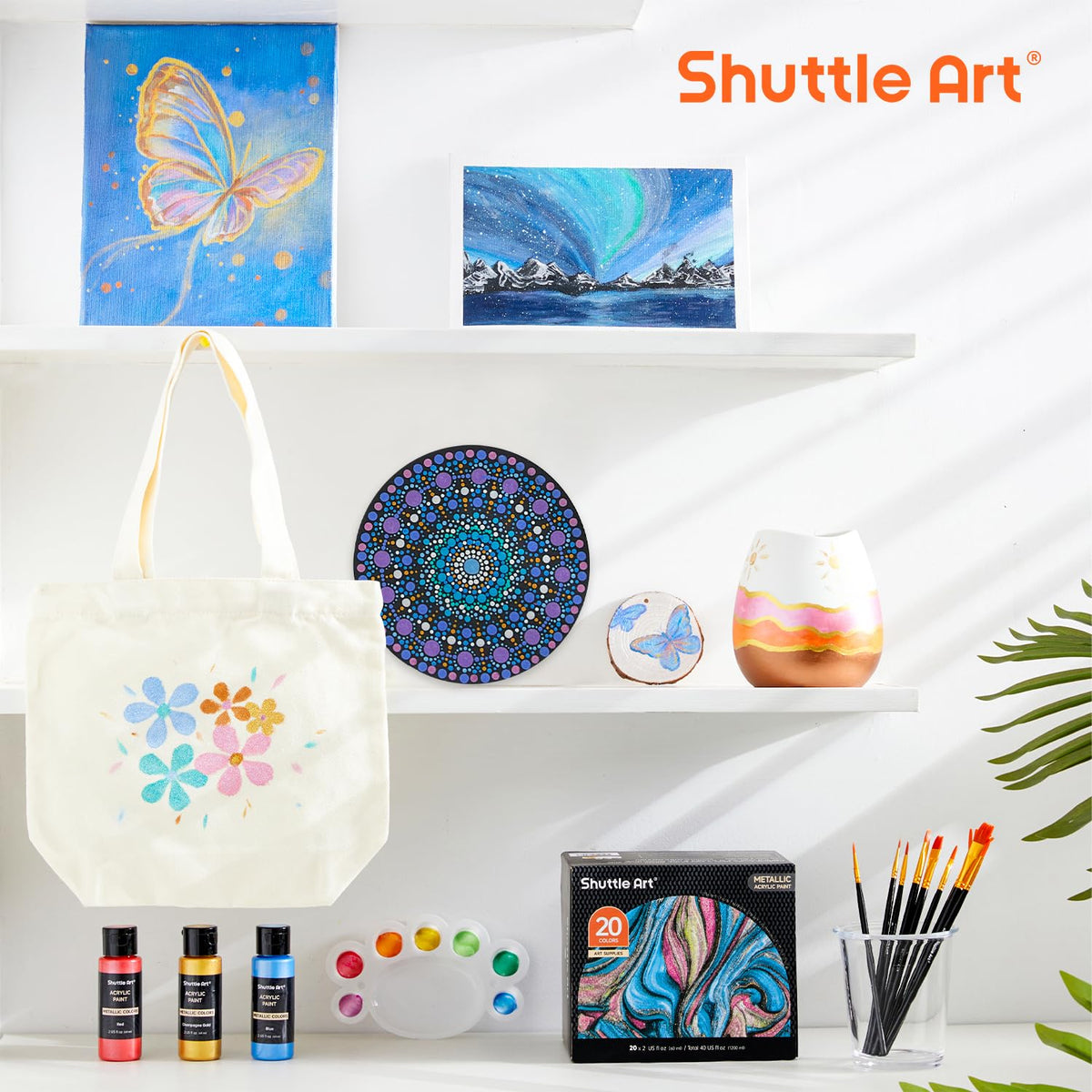Shuttle Art Metallic Acrylic Paint Set, 20 Colors Metallic Paint in Bottles (60ml, 2oz) with 10 Brushes and 1 Palette, Rich Pigments, Non-Toxic for Artists, Beginners on Rocks Crafts CanvasWood Fabric