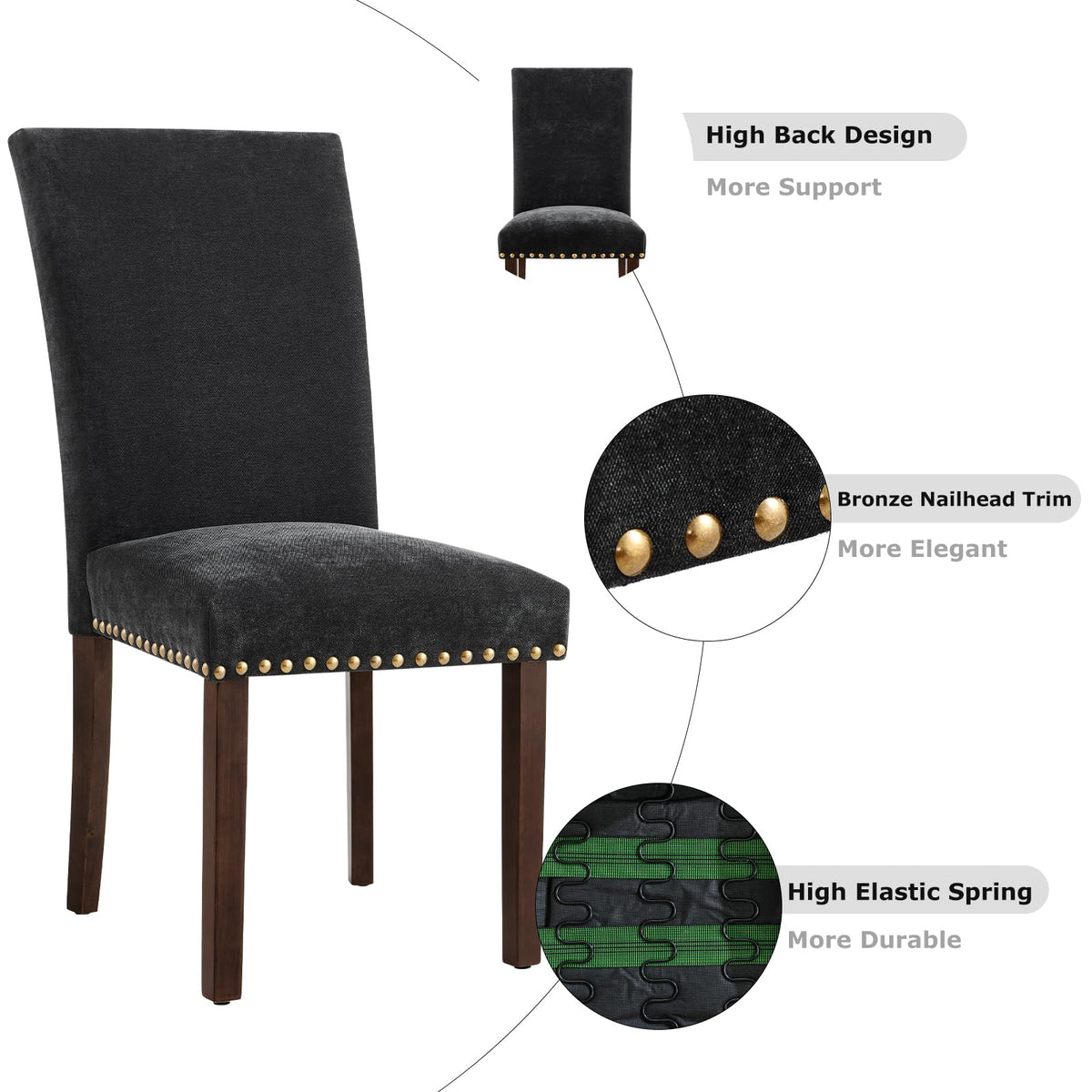 COLAMY Upholstered Parsons Dining Chairs Set of 4, Fabric Dining Room Kitchen Side Chair with Nailhead Trim and Wood Legs - F-Black