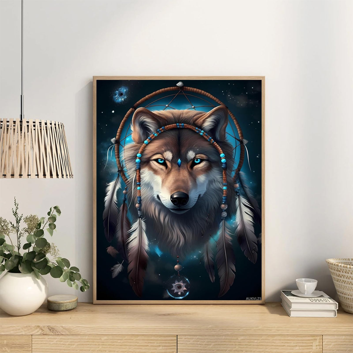 AUKVLZS 5D The Dreamcatcher's Wolf Diamond Painting Kits Native American for Adults, Full Round Diamond Art Craft, Personalized Wall Decoration, Gift for Any Occasion 12x16 inch