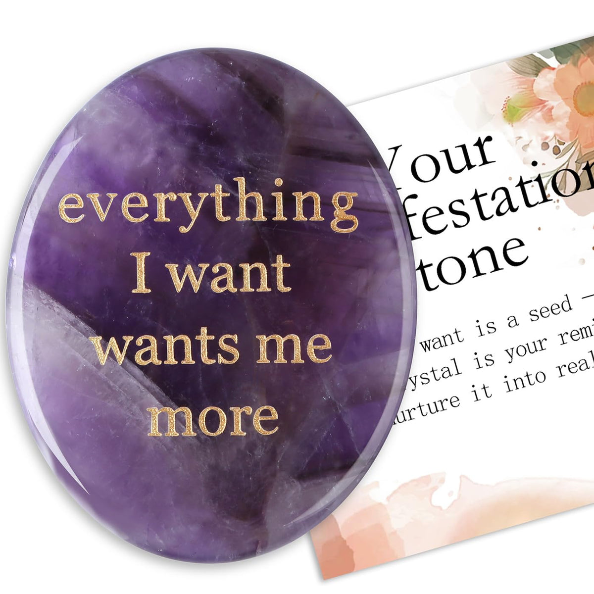 DUQGUHO Amethyst Crystal Encouragement Gifts for Women Everything I Want Wants Me More Inspirational Positive Anxiety Relief Items Pocket Hug Stones Emotional Calming Sobriety Gifts for Women Men