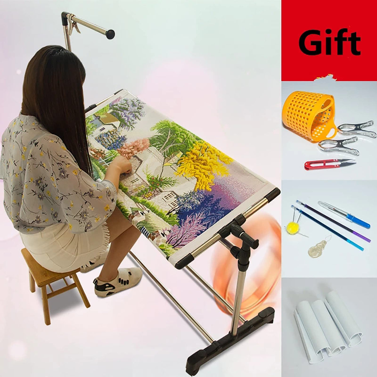 Adjustable Embroidery Stand - Needlework Floor Frame for Cross Stitch Craft, Height Adjustable Lap Table for Art & Sewing Holder, Standing Embroidery Tool for Increa