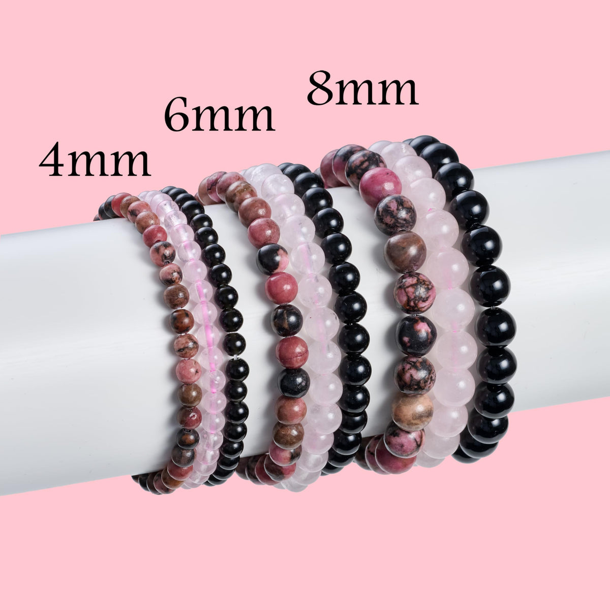 Bivei 3-Piece 4mm Beaded Bracelets for Women – Rhodonite, Rose Quartz, Black Obsidian – Handmade Natural Crystal Stretch Elastic Jewelry for Meditation, Yoga, Protection Gifts