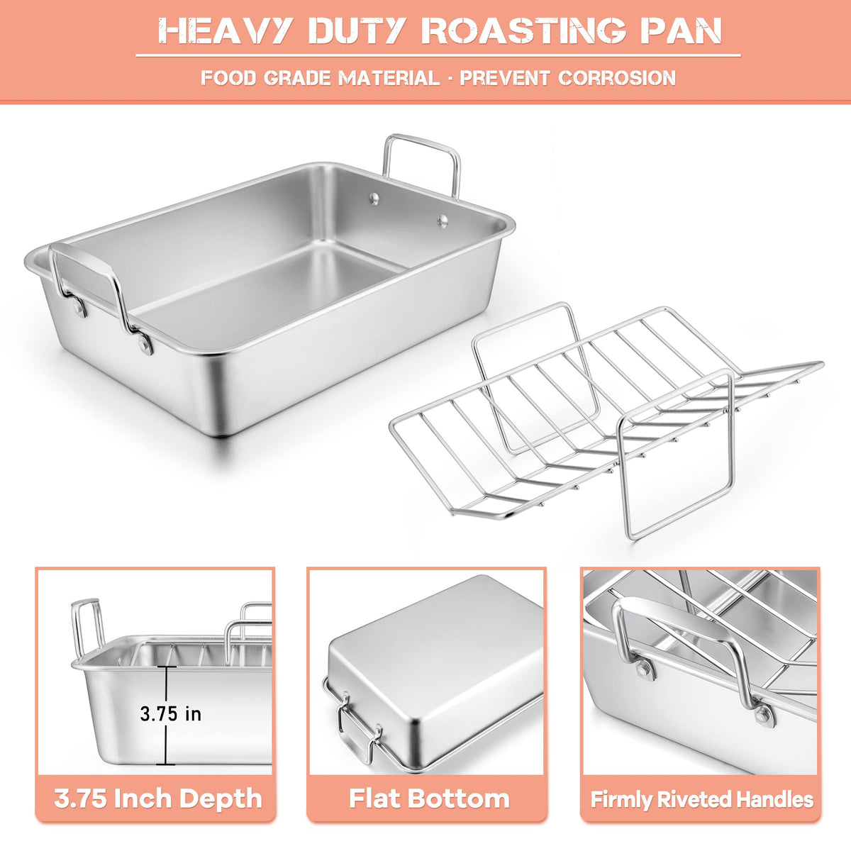 Leonyo Large Turkey Roasting Pan with V-shaped Rack, Rectangular 16 x 11.5 Inch Stainless Steel Turkey Roaster Pan with Rack Heavy Duty for Chicken Lasagna Vegetables Brownie, Dishwasher Safe, 2Pcs